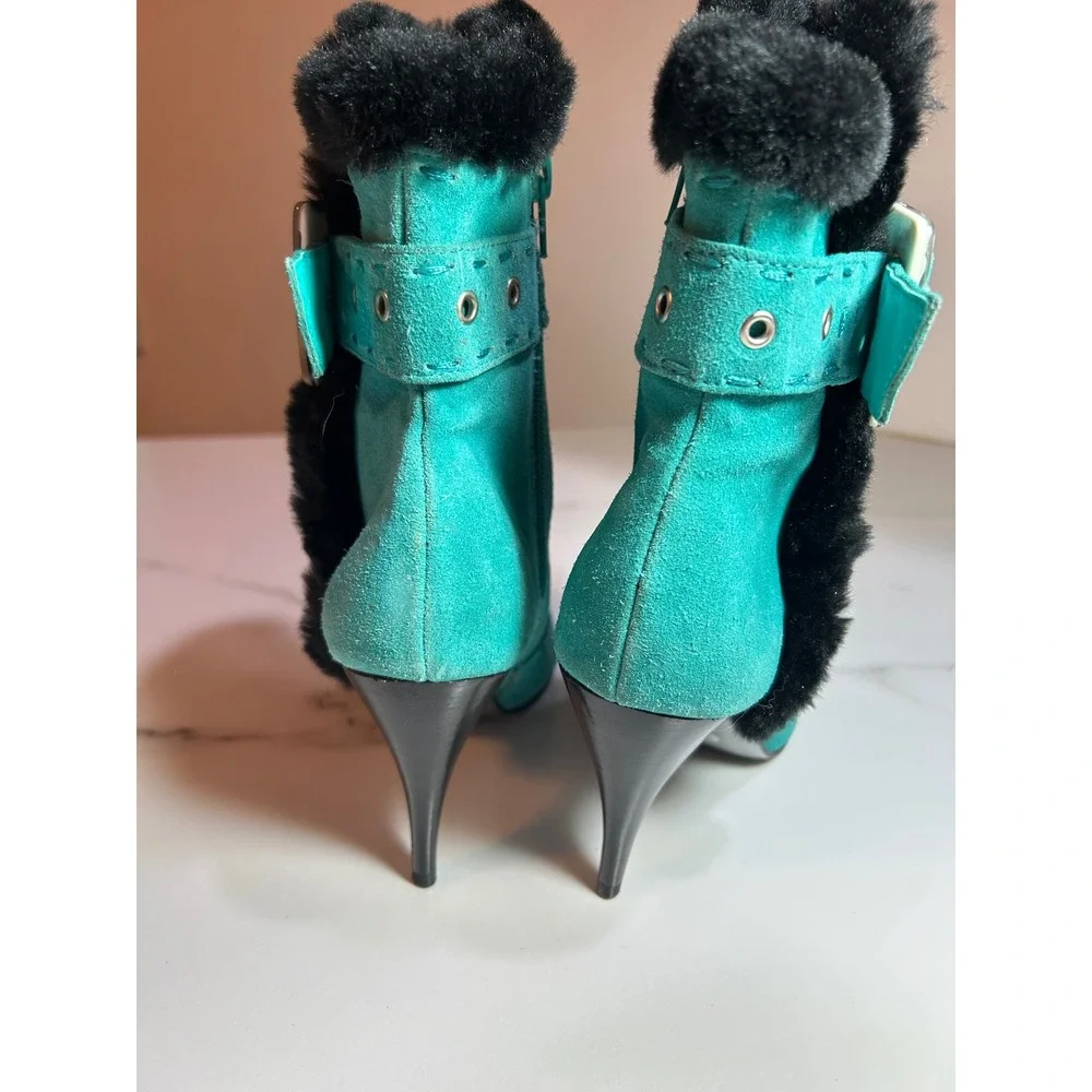 Vtg Turquoise Suede Faux Fur Trim Ankle Boots Animal Print Buckle Stiletto Heels